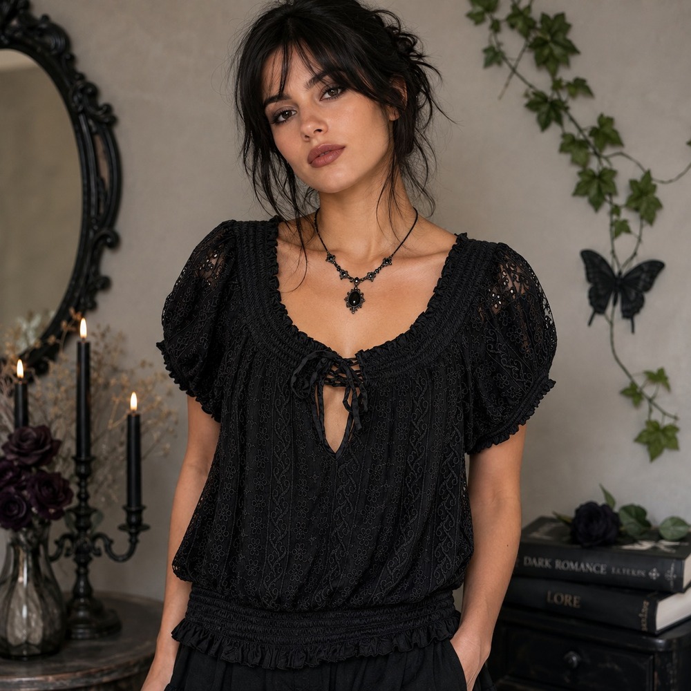 Vintage Y2K Bebe Eyelet Lace Peasant Top L Black Corset Tie Boho Whimsigoth